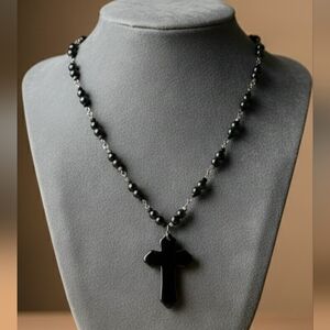 Hematite Gothic cross necklace with Hematite beads Handmade NWT